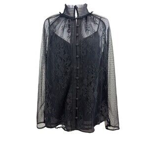 WHBM Lace Tulle Blouse Womens 10 Black Sheer Long Sleeve Button Front Elegant